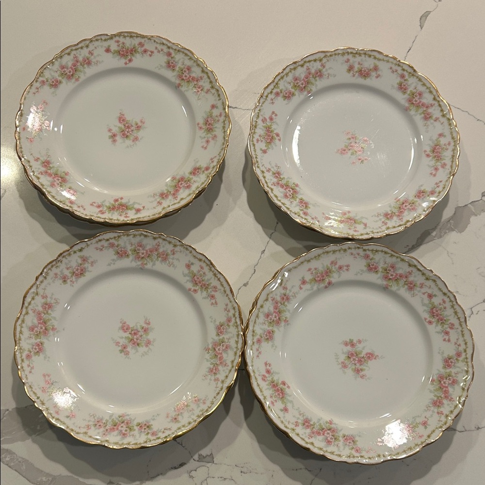 Limoges White Porcelain Dessert Plates with Pink Floral and Gold Trim - Set of 8